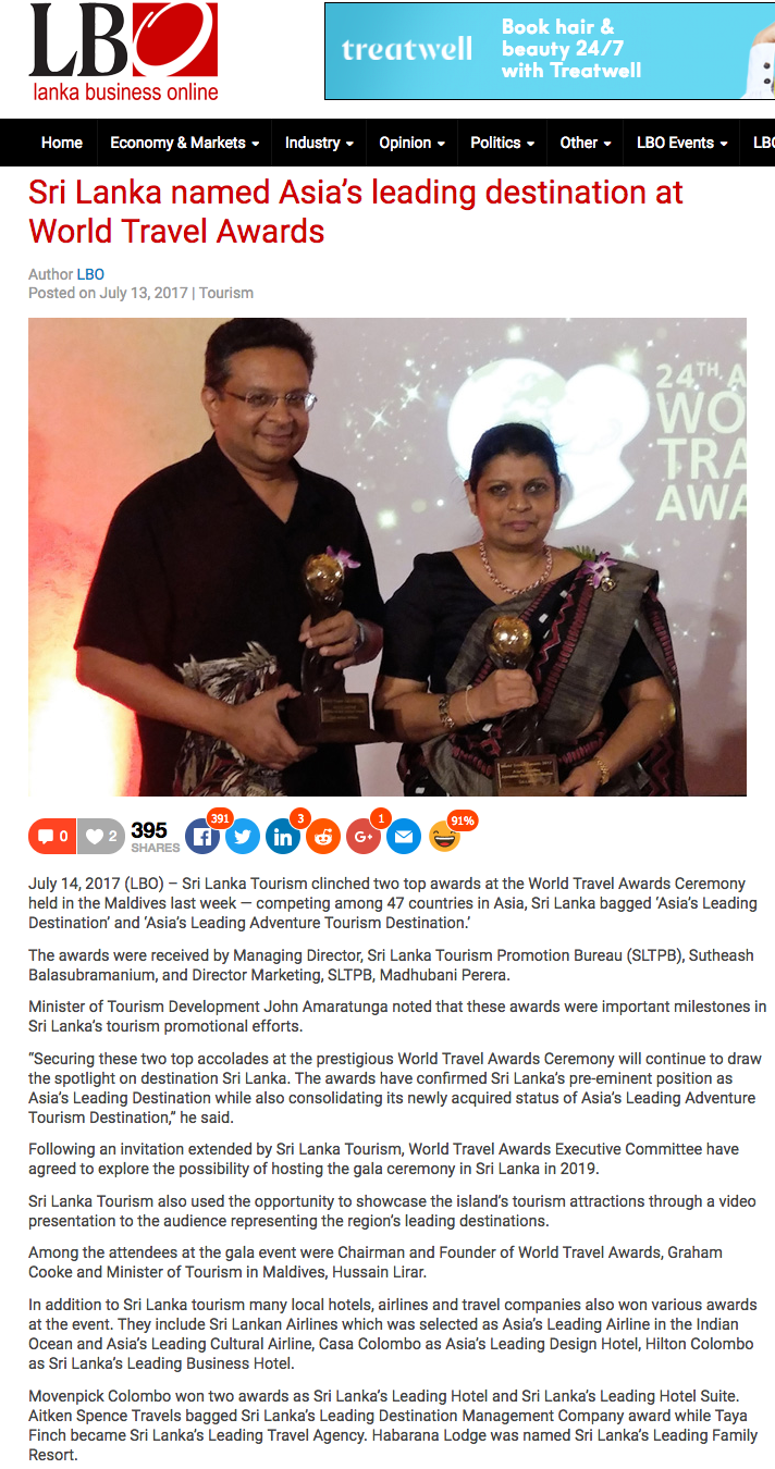 Sri Lanka named Asia’s leading destination at World Travel Awards