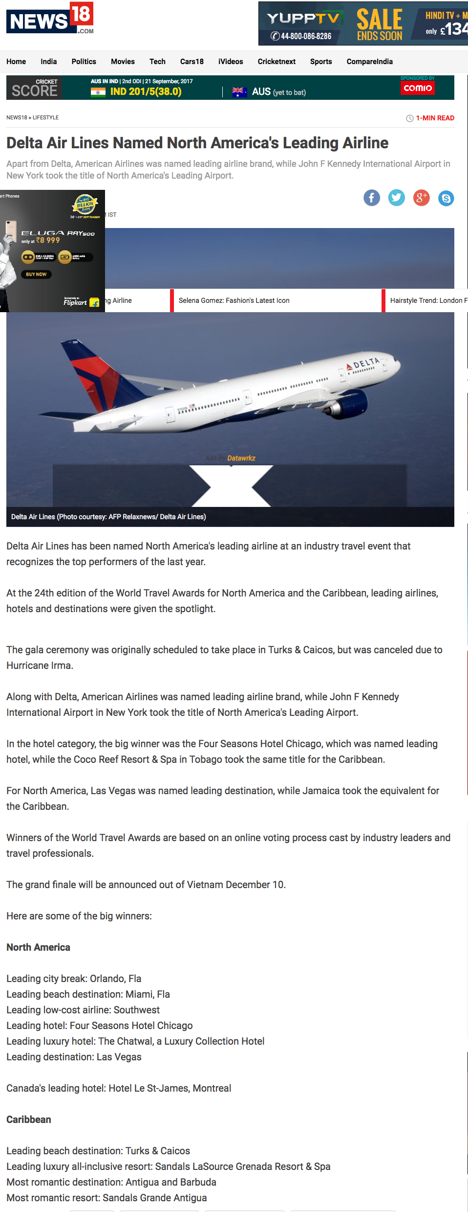 Delta Air Lines Named North America Leading Airline