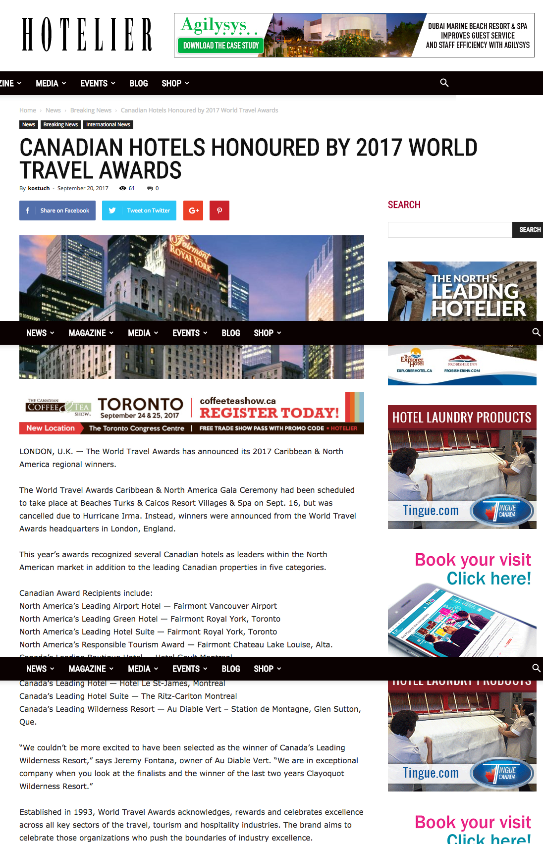 Canadian Hotels honoured by 2017 World Travel Awards
