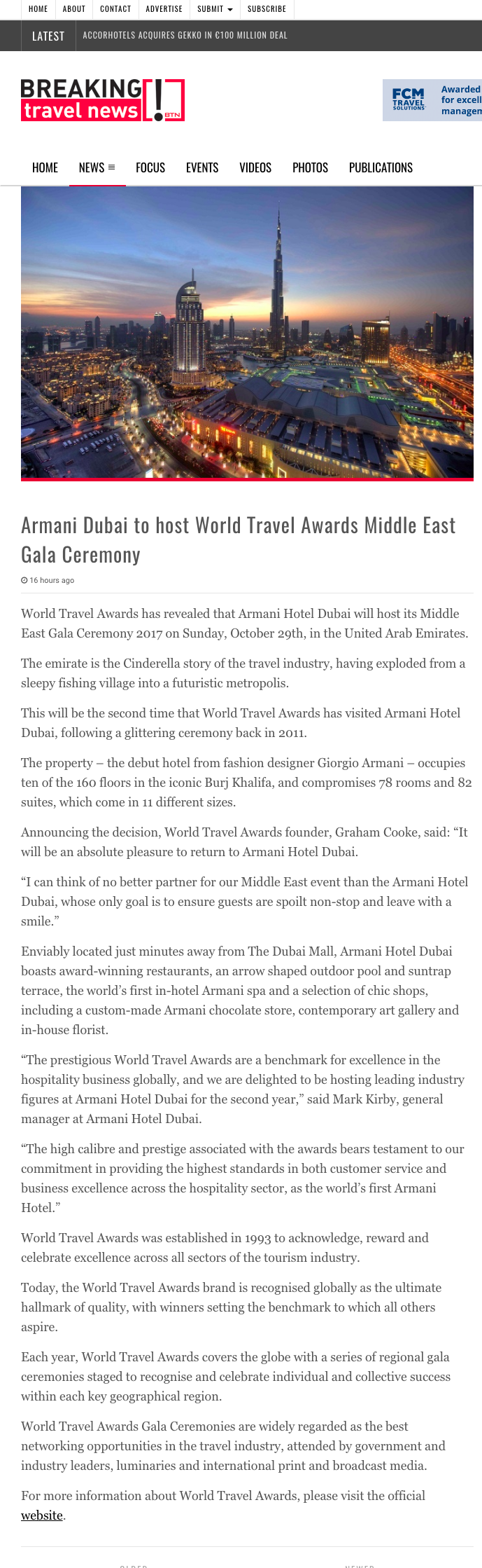 Armani Dubai to host World Travel Awards Middle East Gala Ceremony 2017