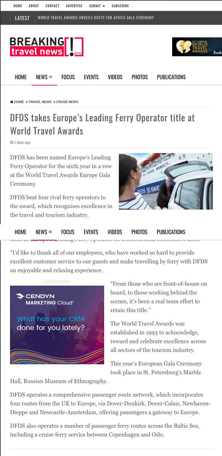 DFDS takes Europe’s Leading Ferry Operator title at World Travel Awards