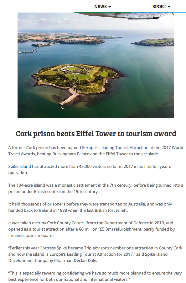 Cork prison beats Eiffel Tower to tourism award