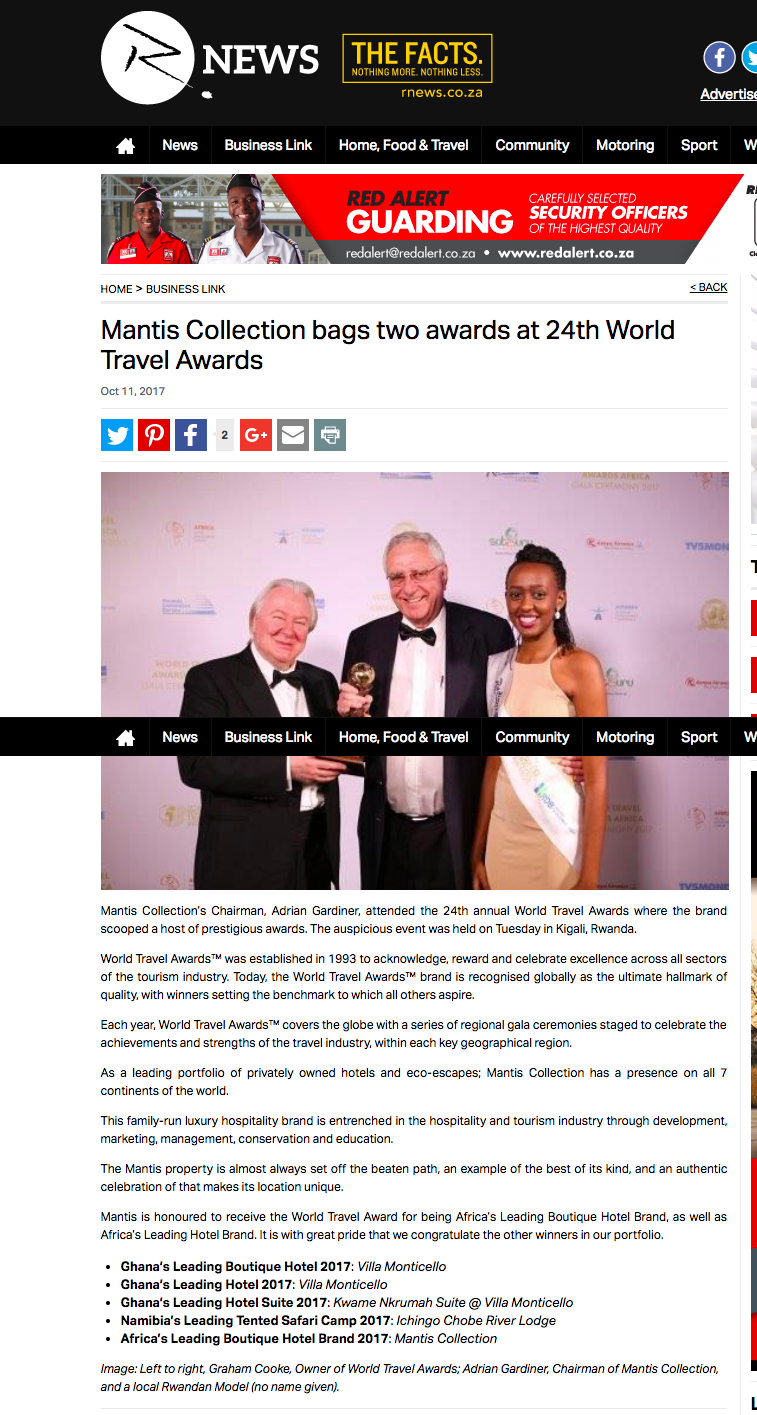 Mantis Collection bags two awards at 24th World Travel Awards