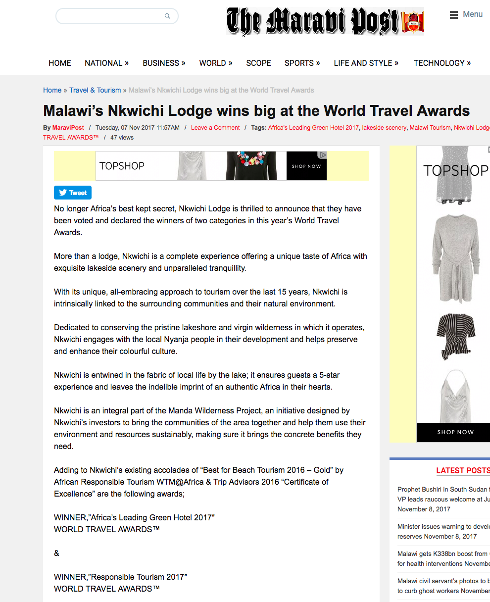 Malawi’s Nkwichi Lodge wins big at the World Travel Awards