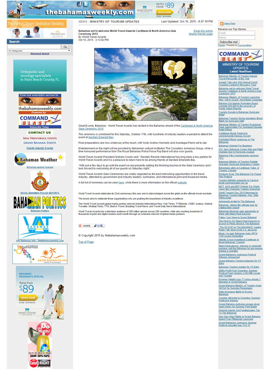 Bahamas set to welcome World Travel Awards Caribbean & North America Gala Ceremony 2015