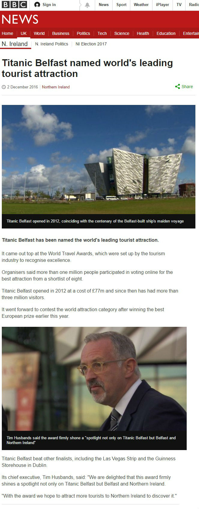 Titanic Belfast named worlds leading tourist attraction