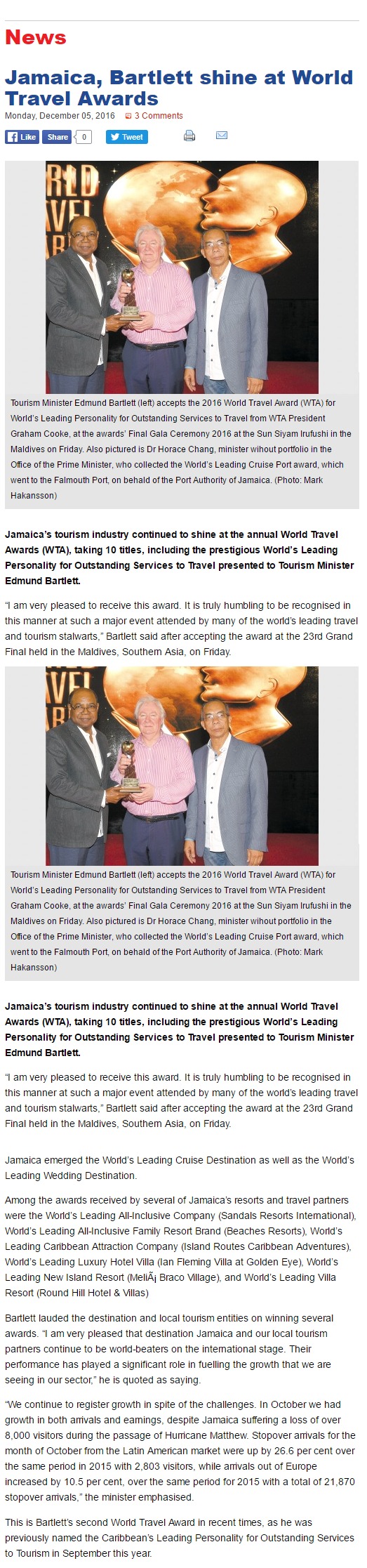 Jamaica, Bartlett shine at World Travel Awards