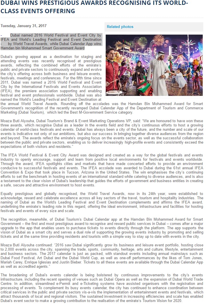 Dubai wins prestigious awards recognising its world class events offerings
