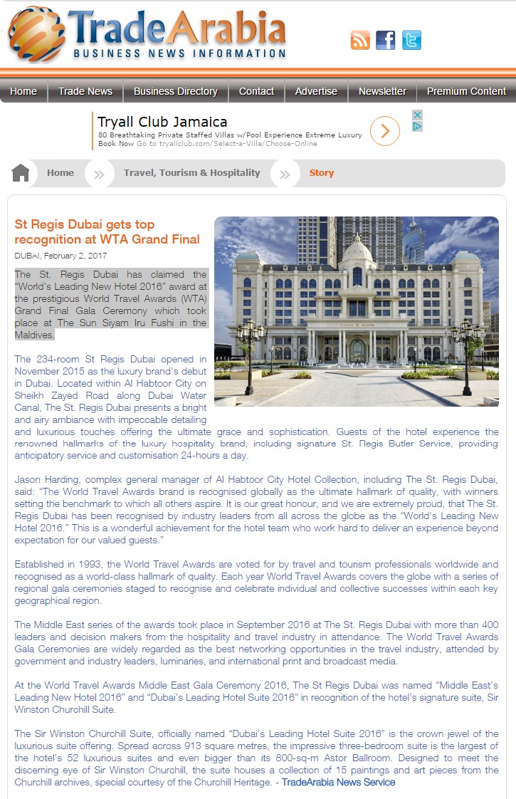 St Regis Dubai gets top recognition at WTA Grand Final