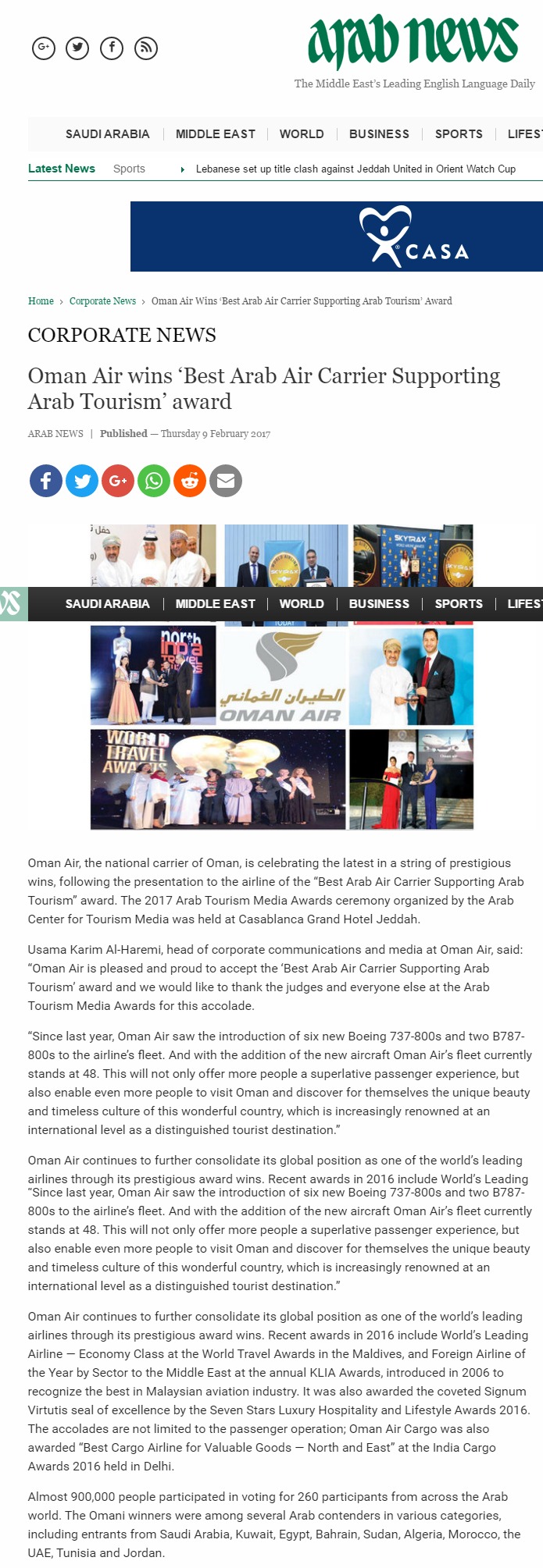 Oman Air wins ‘Best Arab Air Carrier Supporting Arab Tourism’ award