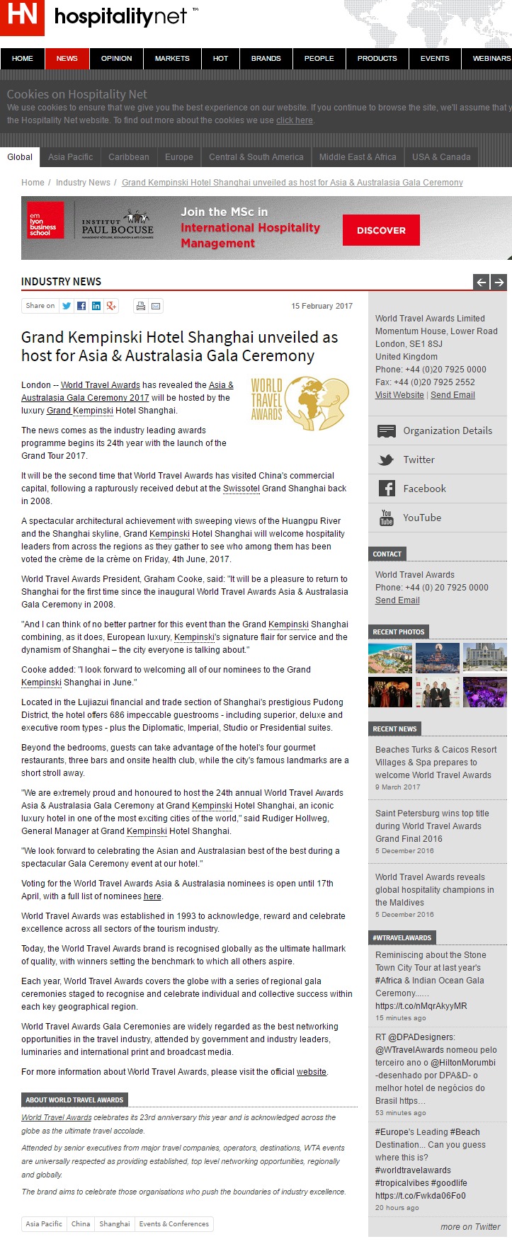 Grand Kempinski Hotel Shanghai unveiled as host for Asia & Australasia Gala Ceremony