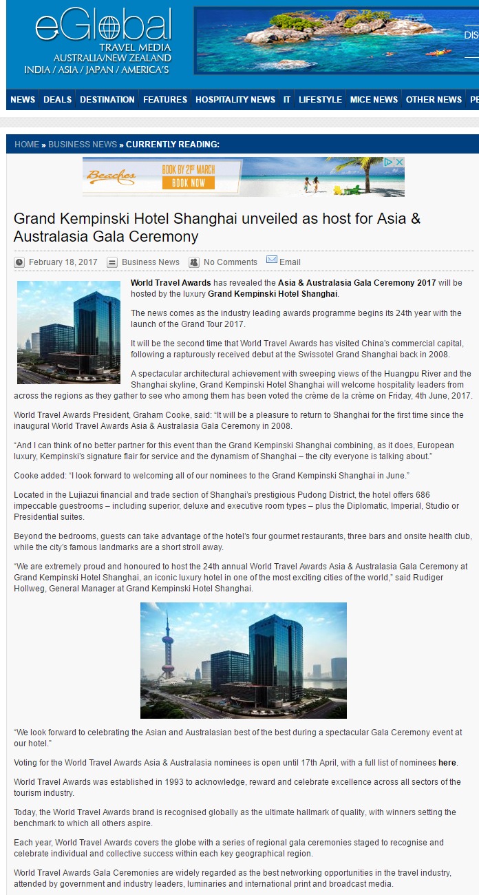 Grand Kempinski Hotel Shanghai to host WTA Asia & Australasia Gala Ceremony