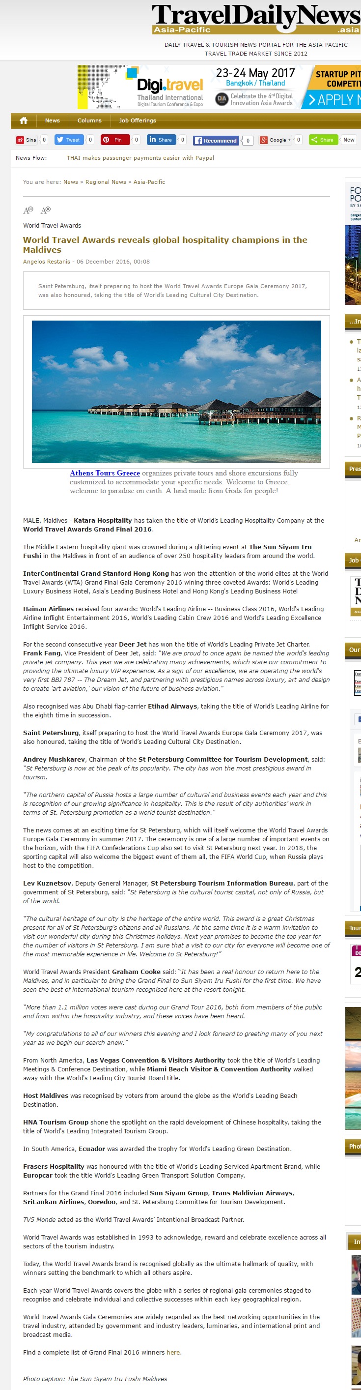 World Travel Awards reveals global hospitality champions in the Maldives