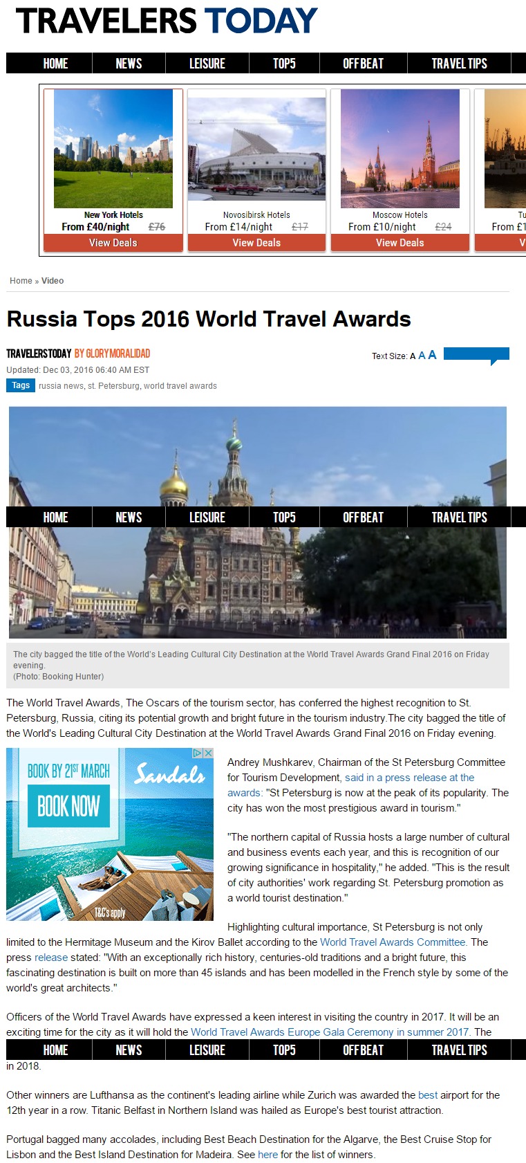 Russia Tops 2016 World Travel Awards
