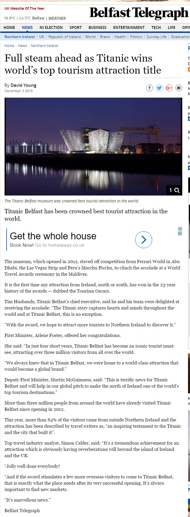 Full steam ahead as Titanic wins world’s top tourism attraction title