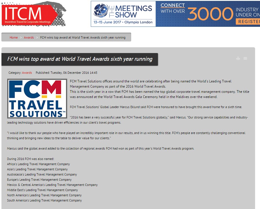 FCM wins top award at World Travel Awards sixth year running