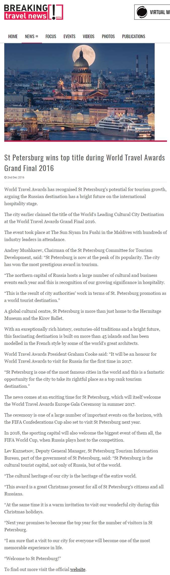 St Petersburg wins top title during World Travel Awards Grand Final 2016