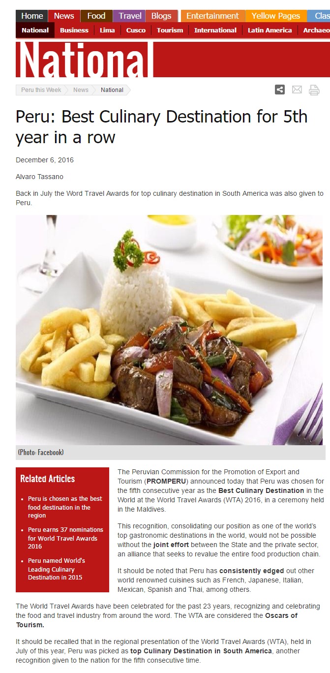 Peru: Best Culinary Destination for fifth year in a row