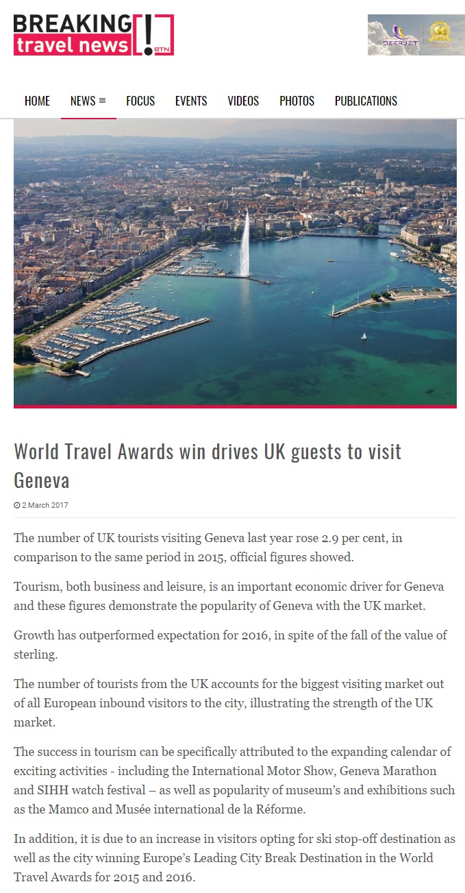 World Travel Awards win drives UK guests to visit Geneva