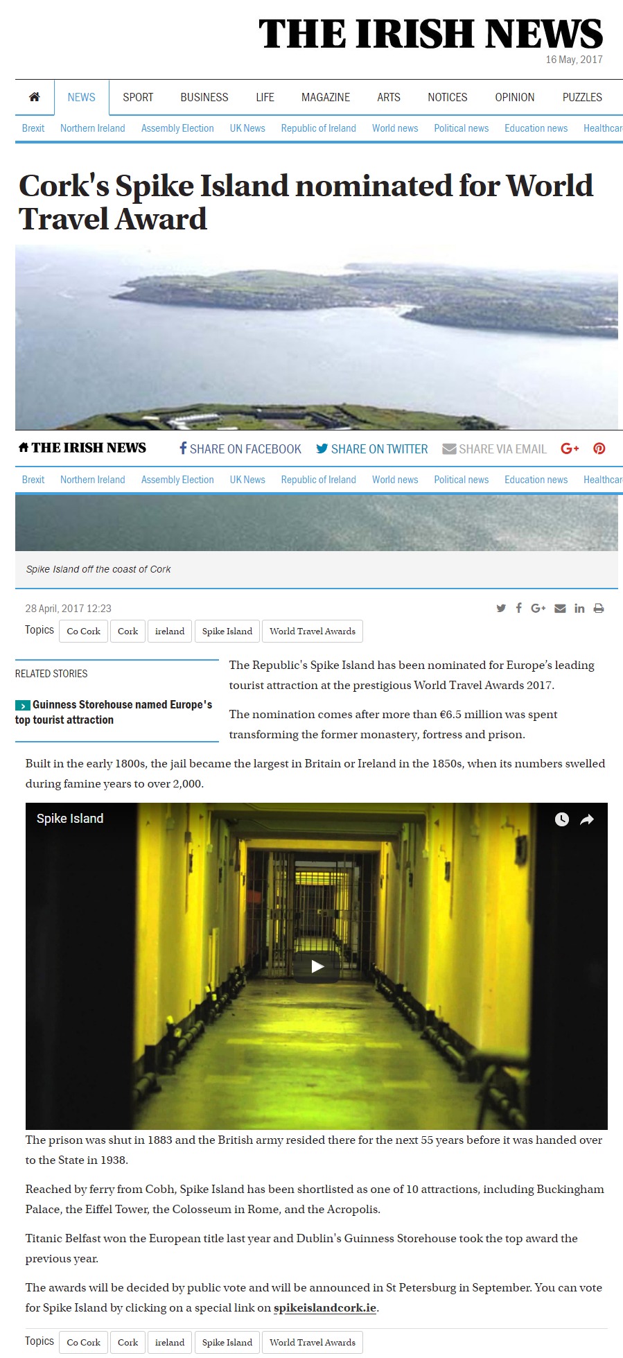  Spike Island nominated for World Travel Award