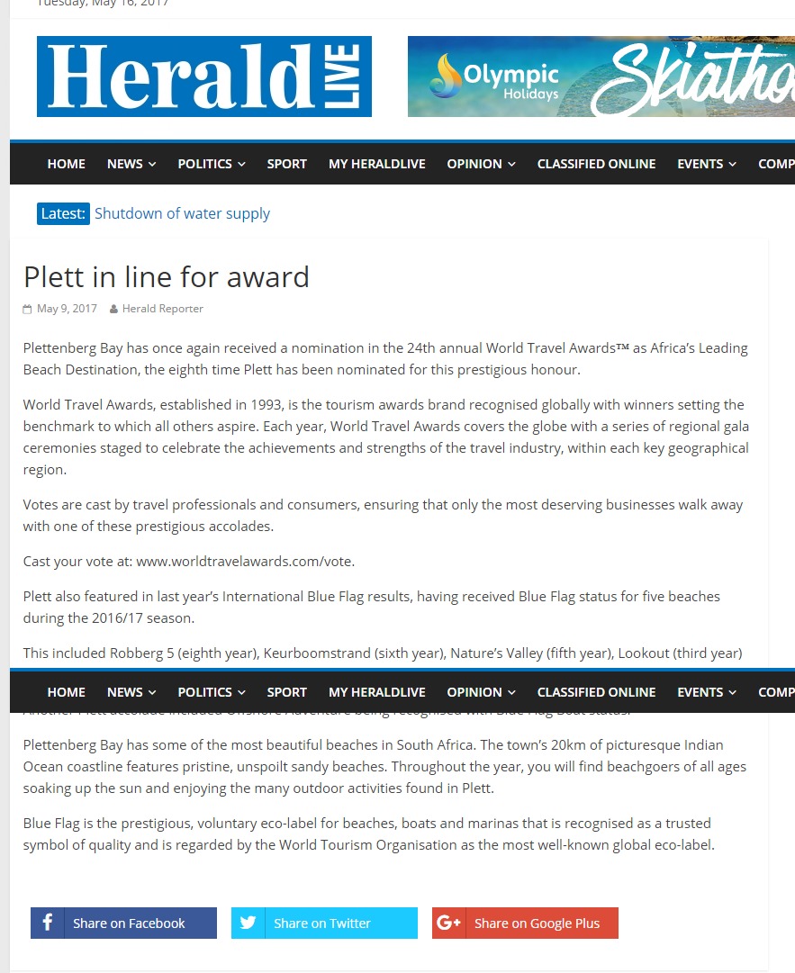 Plett in line for award