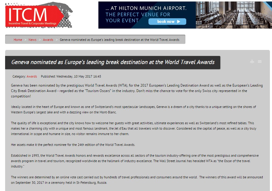 Geneva nominated as Europe’s leading break destination at the World Travel Awards