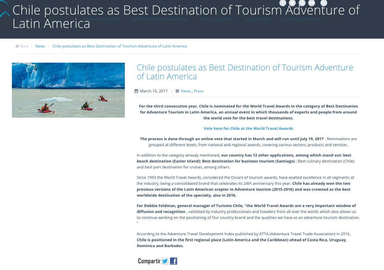 Chile postulates as Best Destination of Tourism Adventure of Latin America
