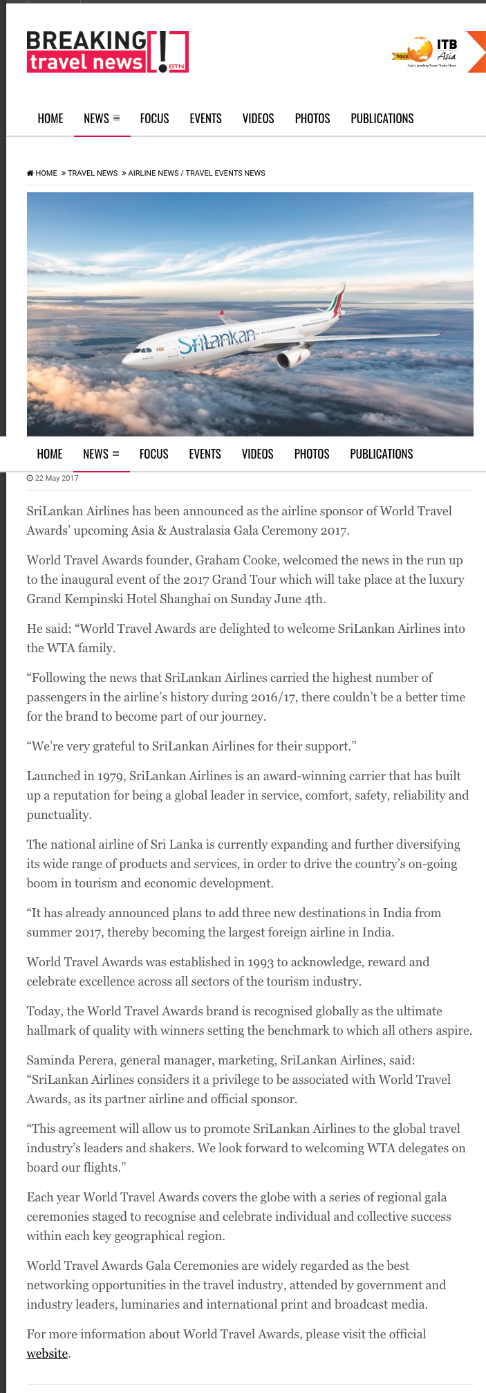 World Travel Awards partners with SriLankan Airlines 