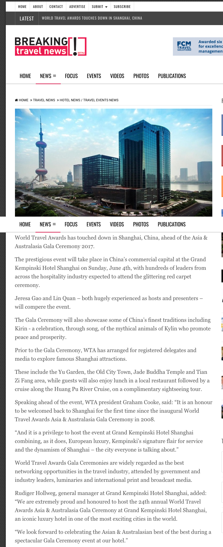 World Travel Awards touches down in Shanghai, China