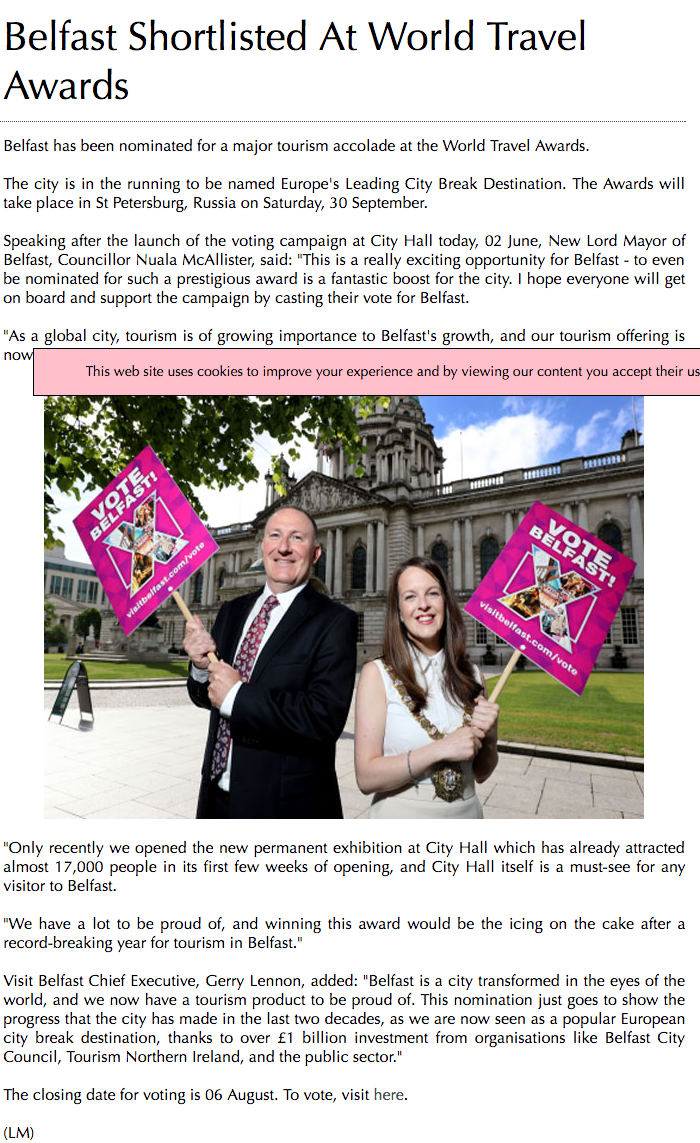 Belfast Shortlisted At World Travel Awards