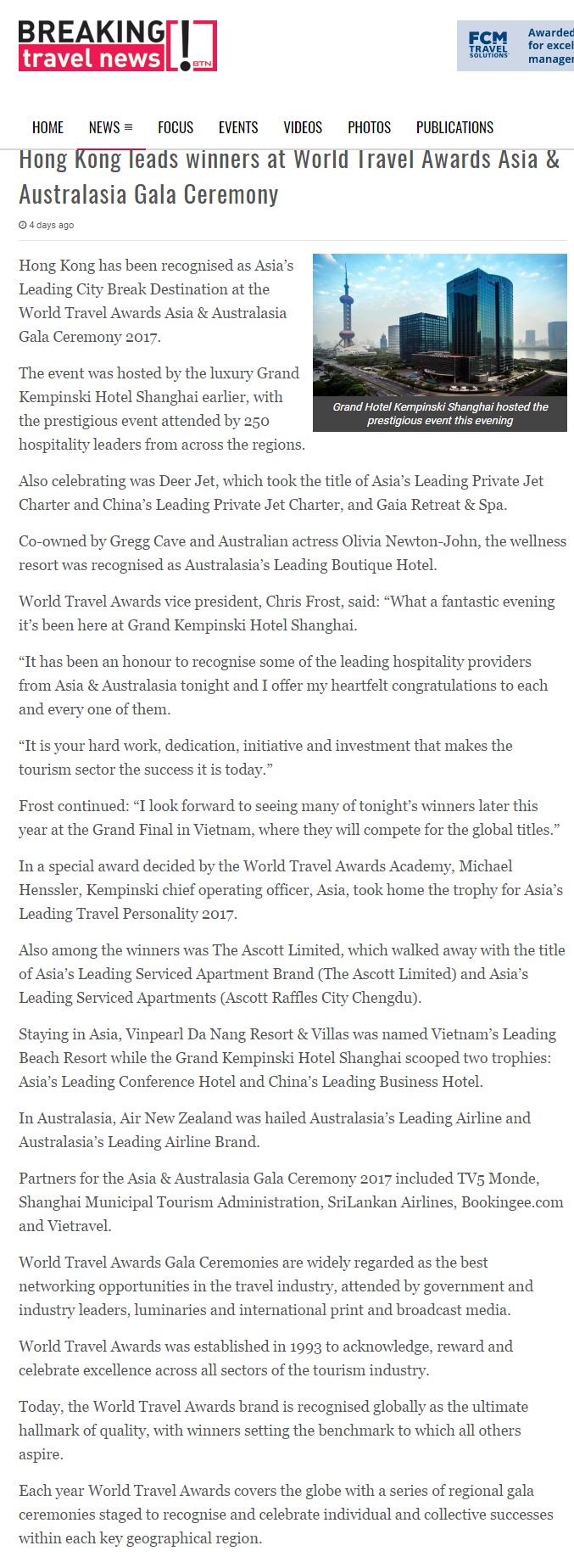 Hong Kong leads winners at World Travel Awards Asia & Australasia Gala Ceremony