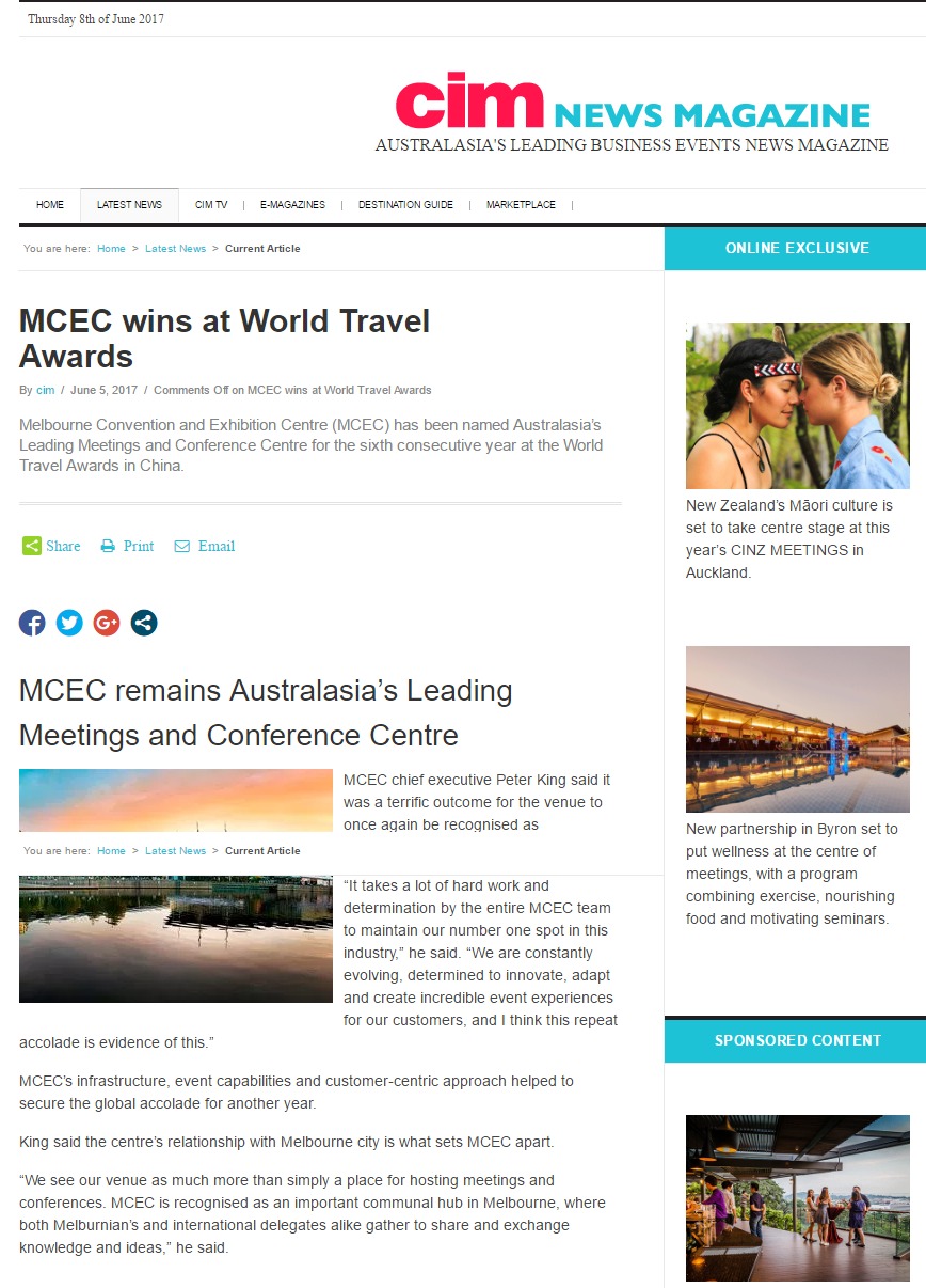 MCEC wins at World Travel Awards