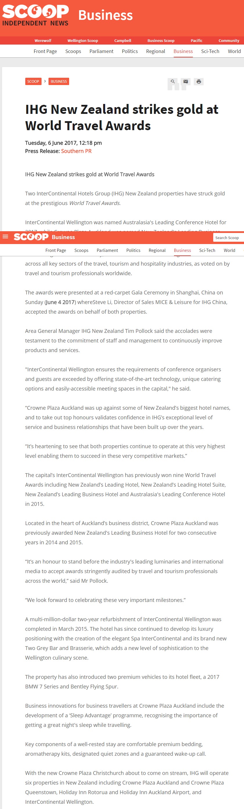 HG New Zealand strikes gold at World Travel Awards