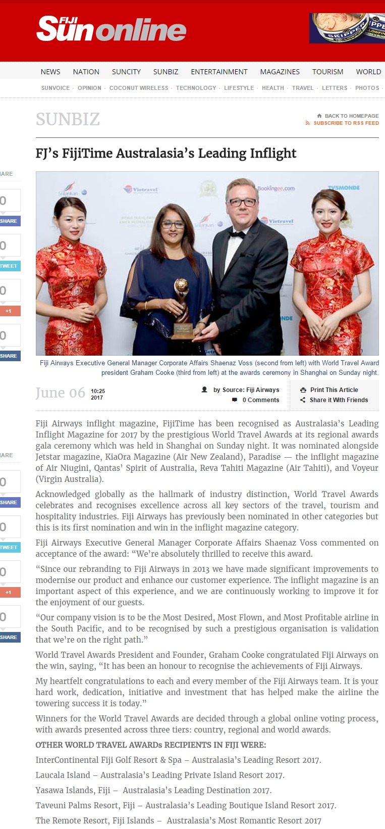 FJ’s FijiTime Australasia’s Leading Inflight