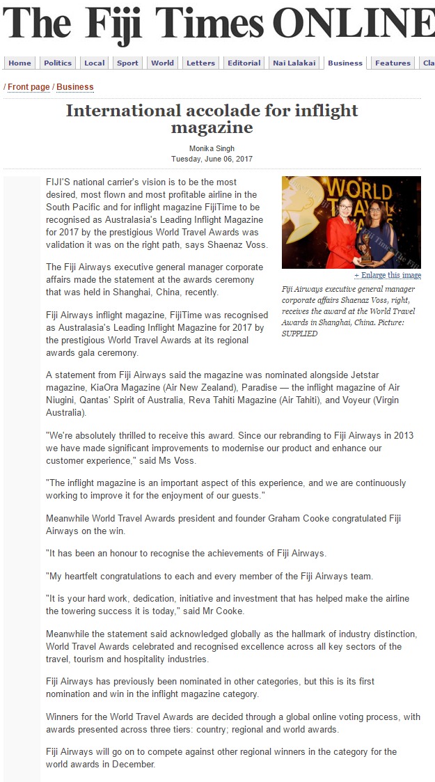 International accolade for in-flight magazine