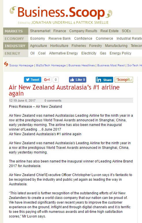 Air New Zealand Australasia’s #1 airline again