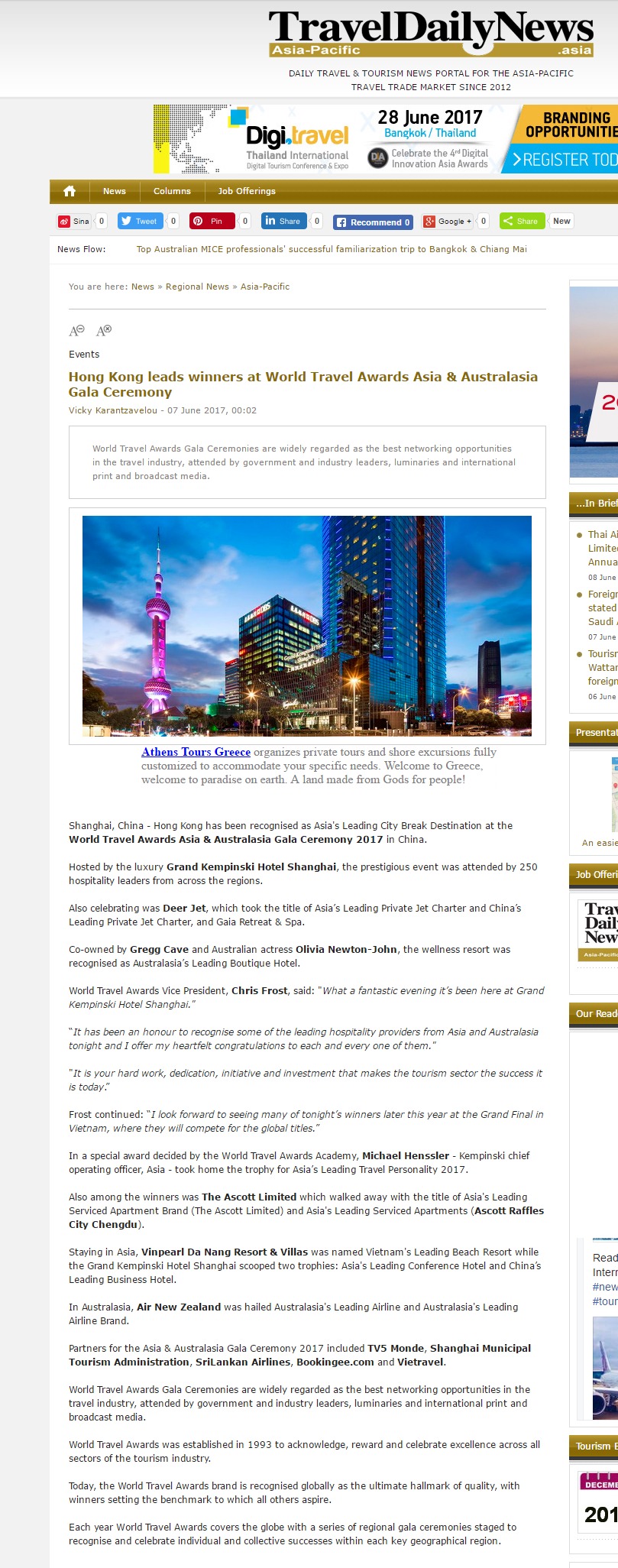 Hong Kong leads winners at World Travel Awards Asia & Australasia Gala Ceremony