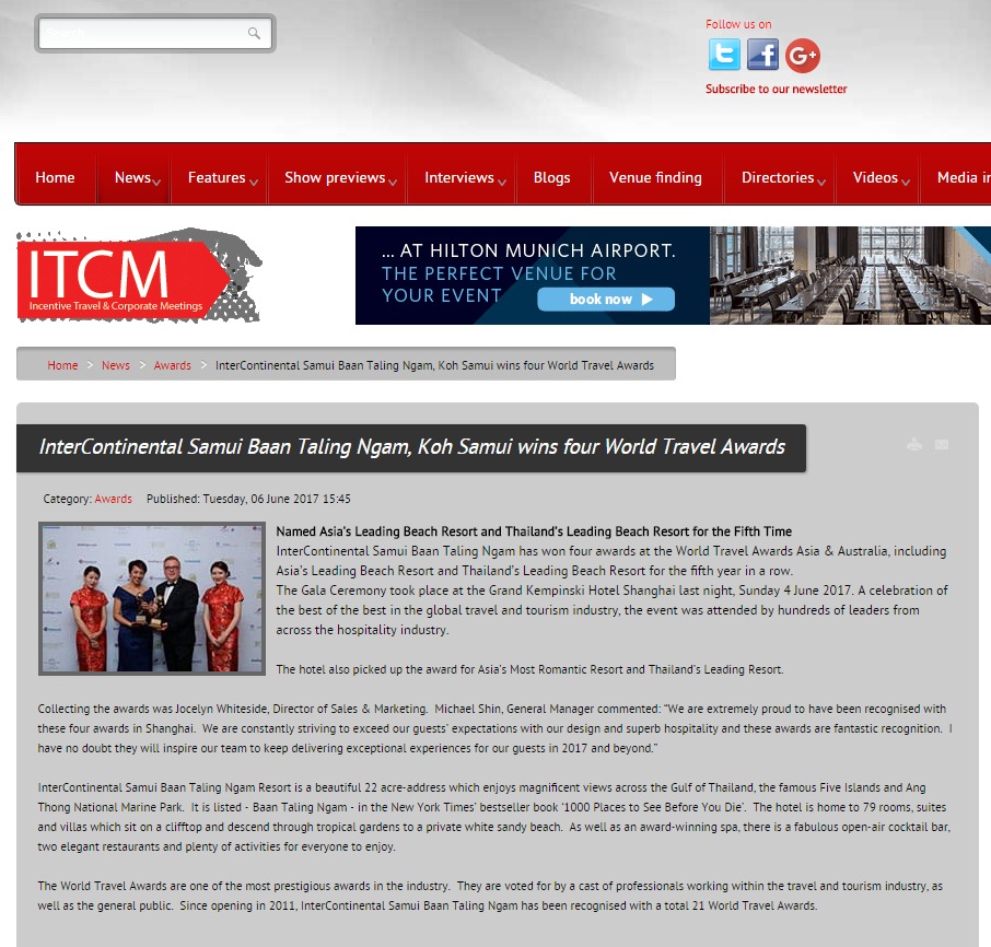 InterContinental Samui Baan Taling Ngam, Koh Samui wins four World Travel Awards