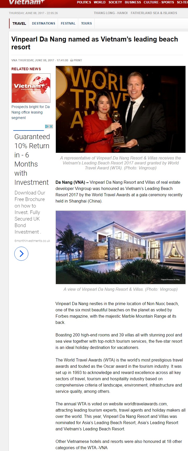 Vinpearl Da Nang named as Vietnam’s leading beach resort
