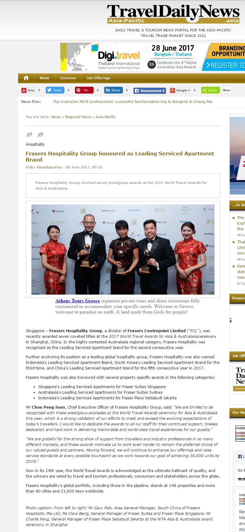 Frasers Hospitality Group honoured as Leading Serviced Apartment Brand