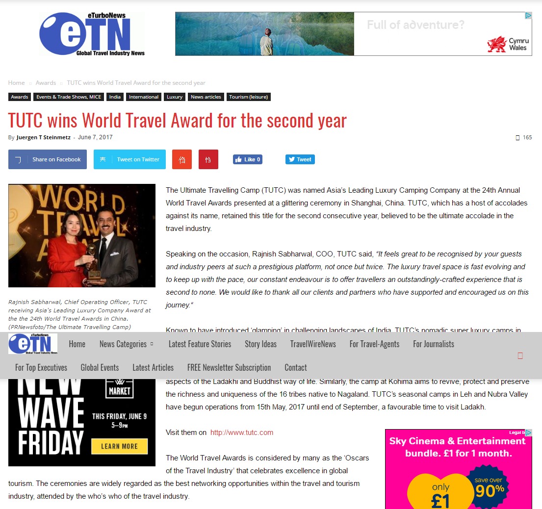 TUTC wins World Travel Award for the second year