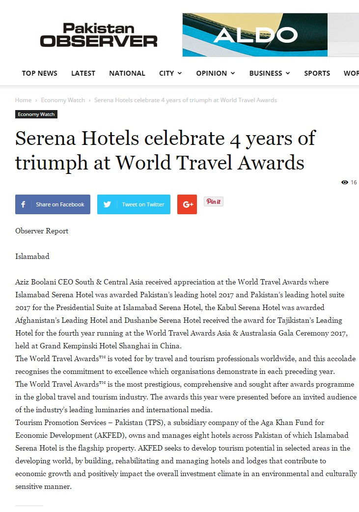 Serena Hotels celebrate 4 years of triumph at World Travel Awards
