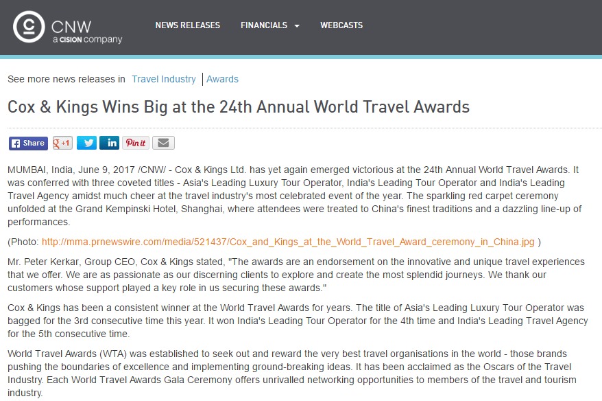 Cox & Kings Wins Big at the 24th Annual World Travel Awards