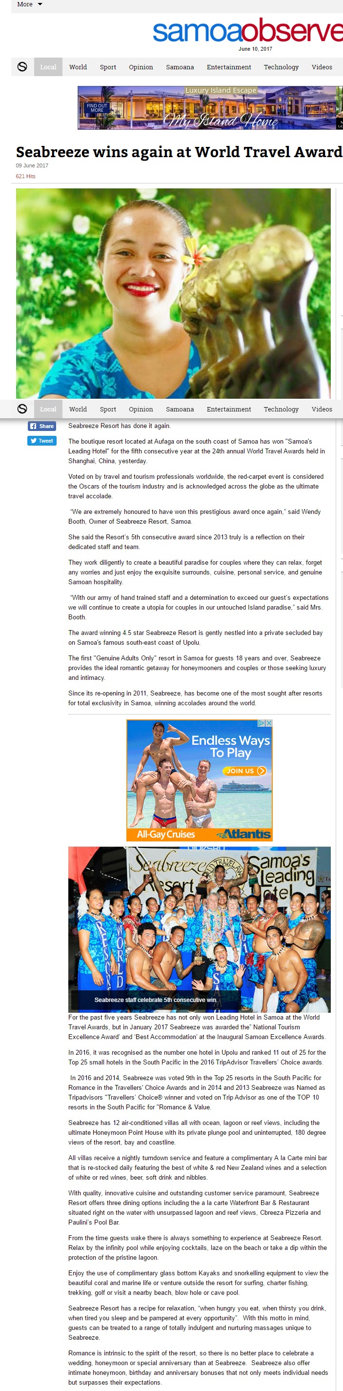 Seabreeze wins again at World Travel Awards