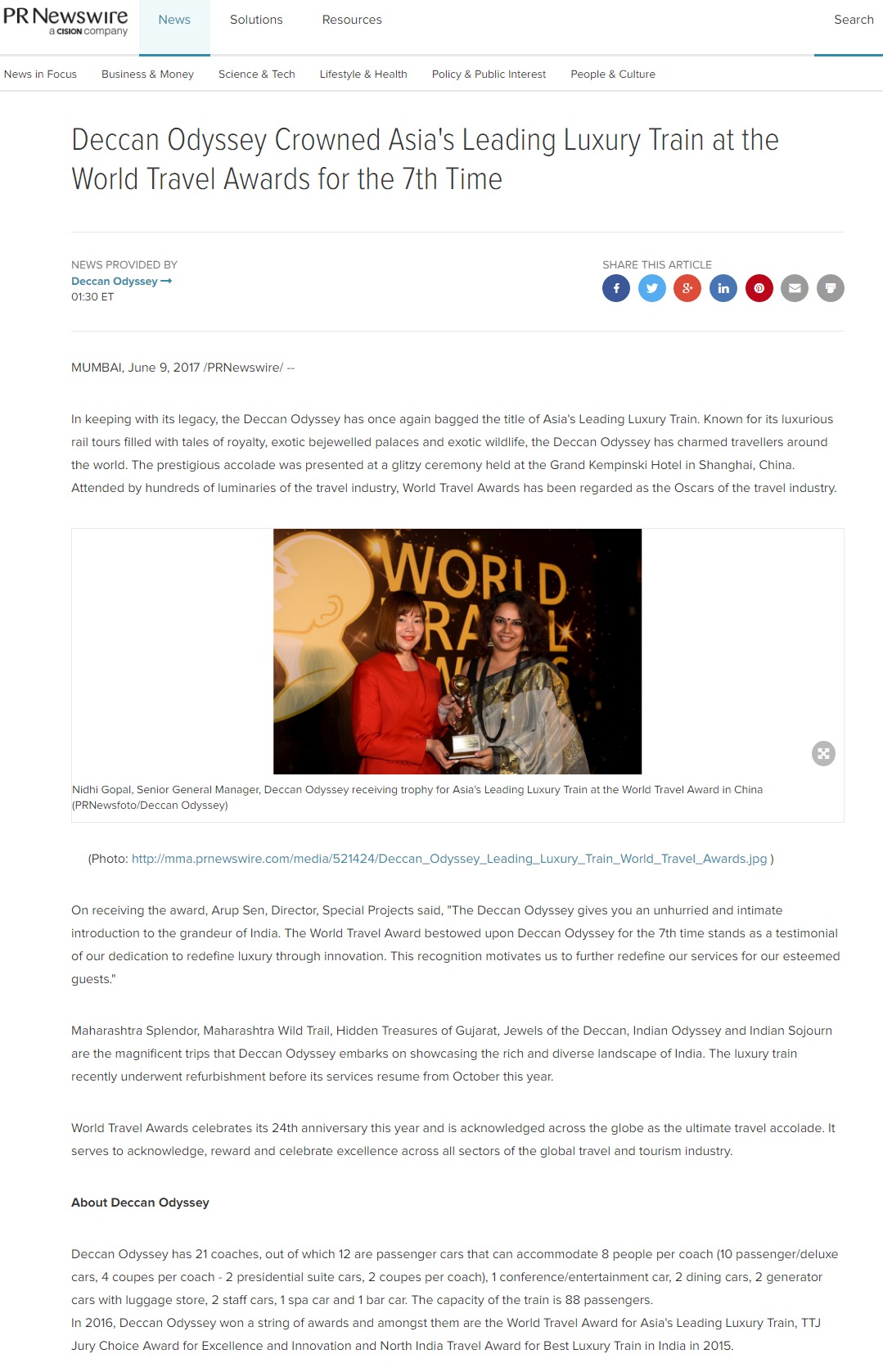 Deccan Odyssey Crowned Asia Leading Luxury Train at the World Travel Awards for the 7th Time