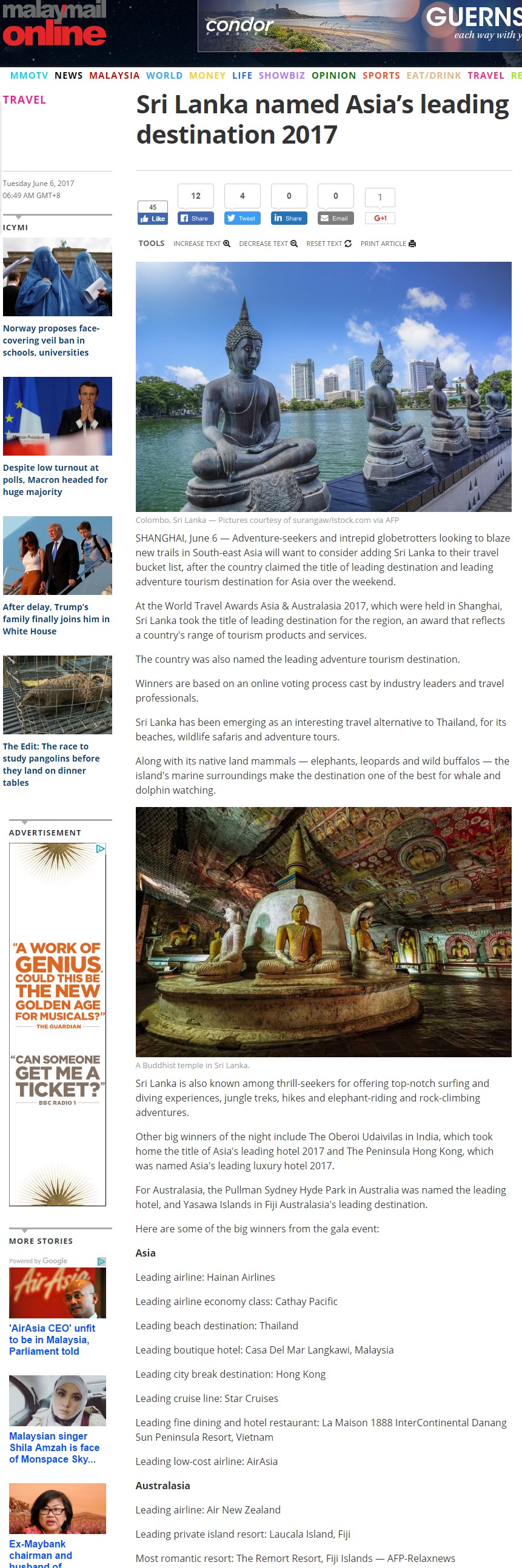 Sri Lanka named Asia’s leading destination 2017