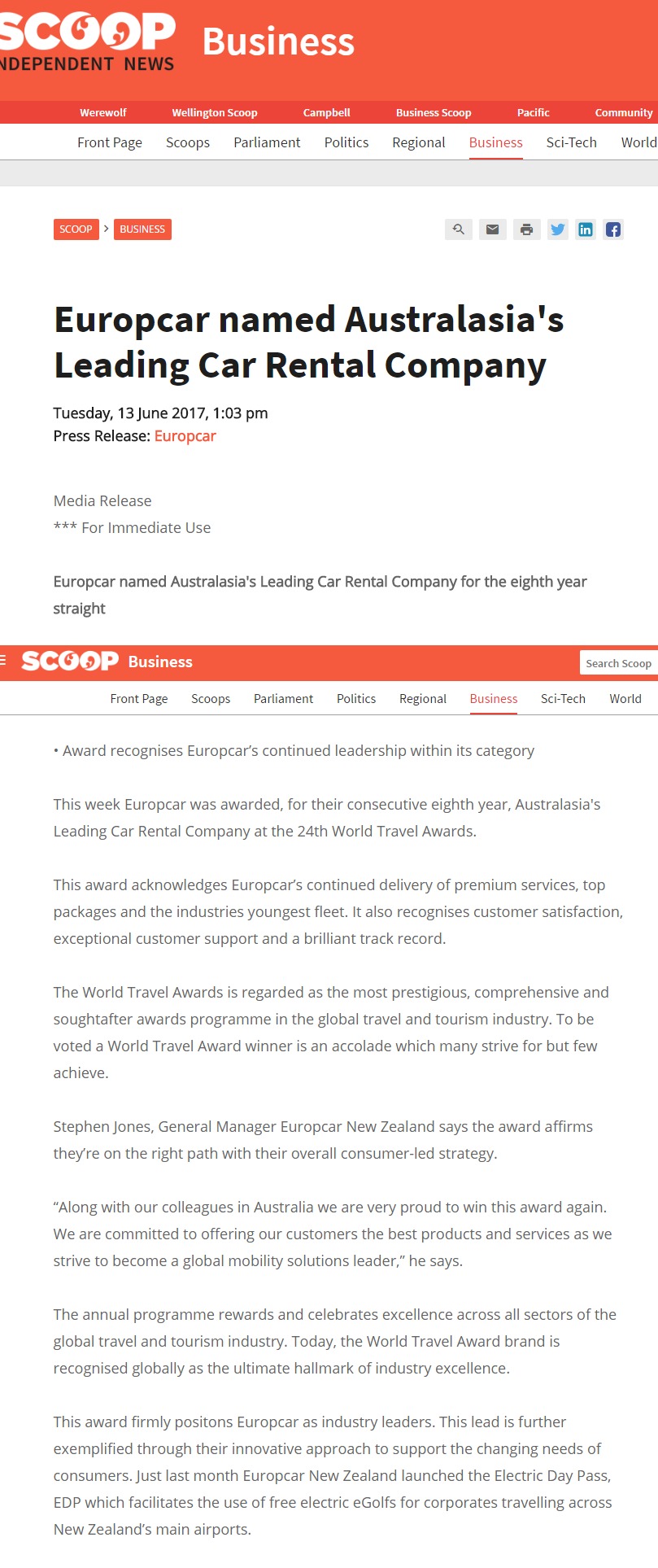 Europcar named Australasias Leading Car Rental Company
