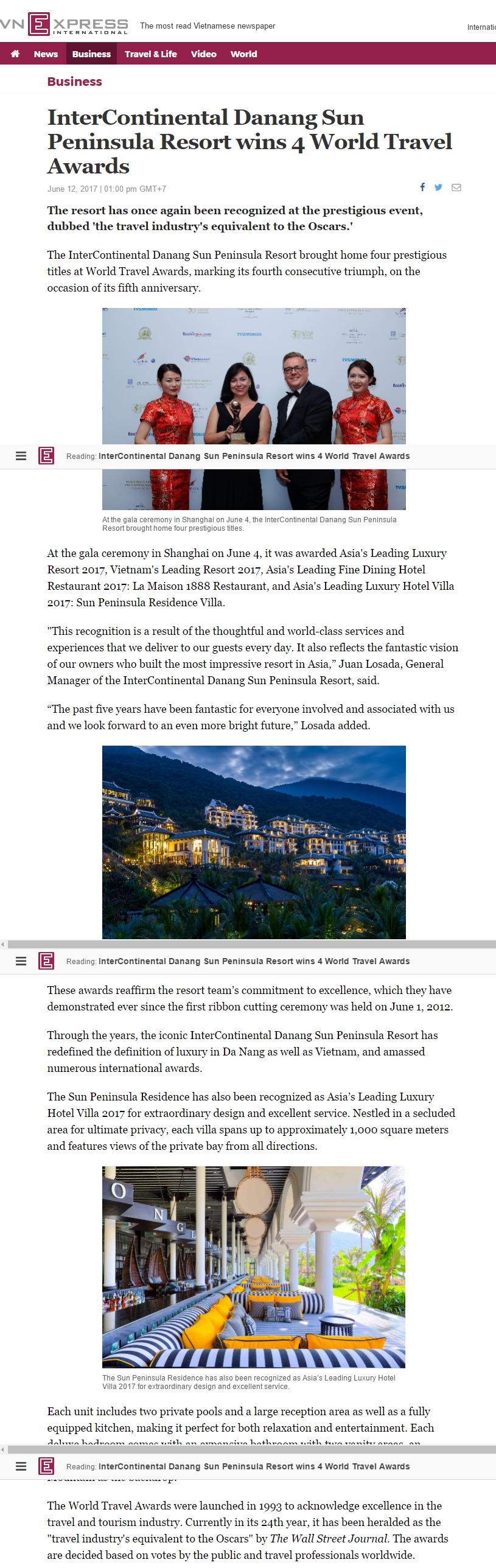 InterContinental Danang Sun Peninsula Resort wins 4 World Travel Awards