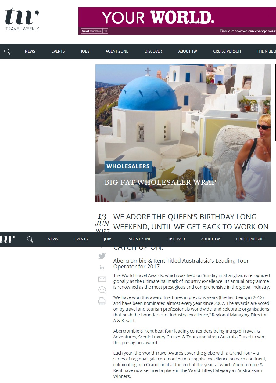 Abercrombie & Kent Titled Australasia’s Leading Tour Operator for 2017