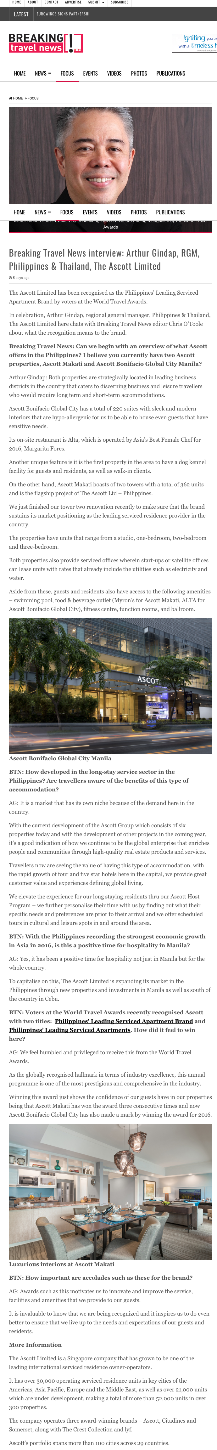 Breaking Travel News interview: Arthur Gindap, RGM, Philippines & Thailand, The Ascott Limited